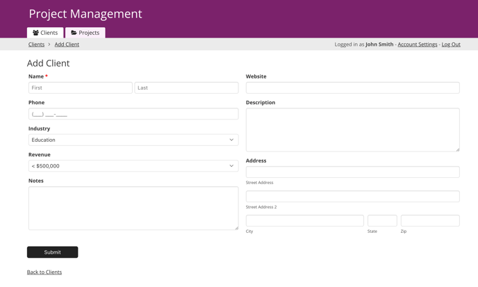 Image of an example form view in the Project Management sample app