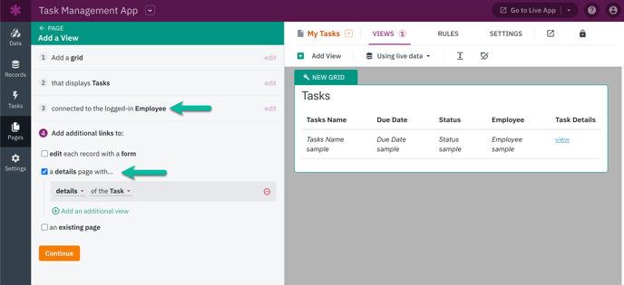 Image of adding a grid view for Tasks connected tot he logged-in Employee