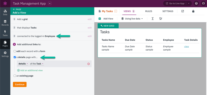 creating an app assignment Image of adding a grid view for Tasks connected tot he logged-in Employee