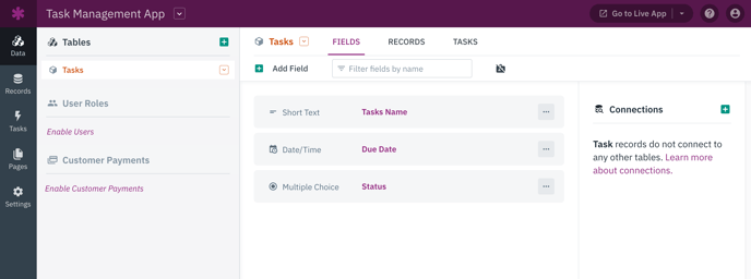 Image of Task table and fields in the Builder