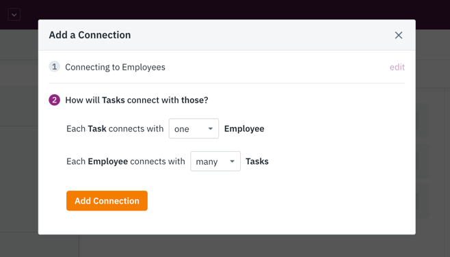 creating an app assignment Image of adding a one-to-many connection to the Employees table