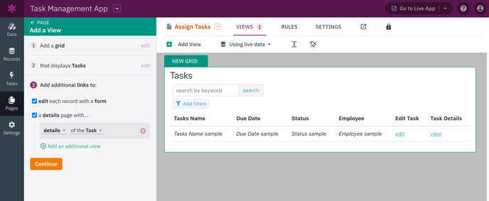 Image of adding a grid view to the Assign Tasks page