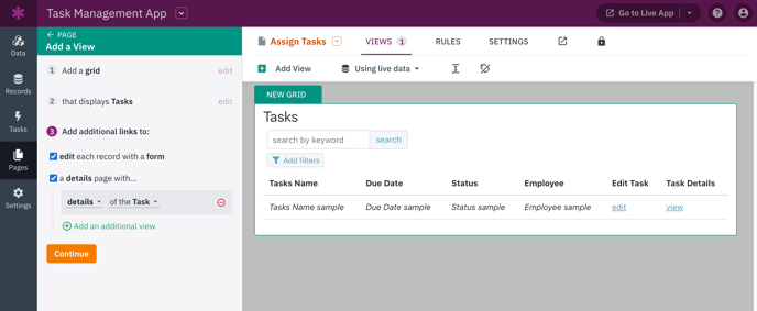 creating an app assignment Image of adding a grid view to the Assign Tasks page