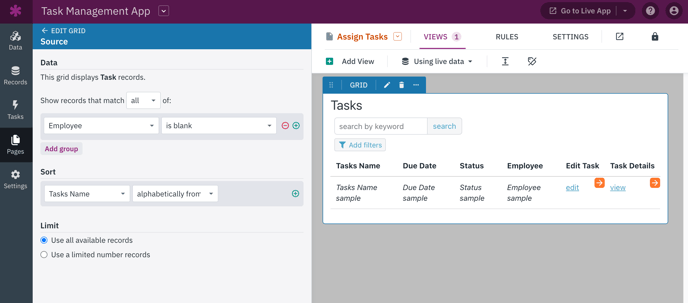 creating an app assignment Image of the Data Source filter in the Tasks grid view