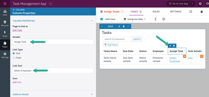 creating an app assignment Image of Column Properties