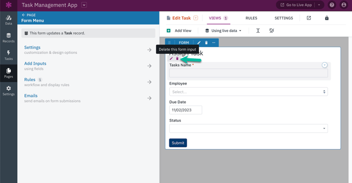 creating an app assignment Image of removing a field input from a form view
