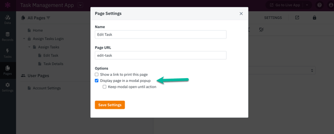 creating an app assignment Image of Page settings and the display a page in a modal popup setting