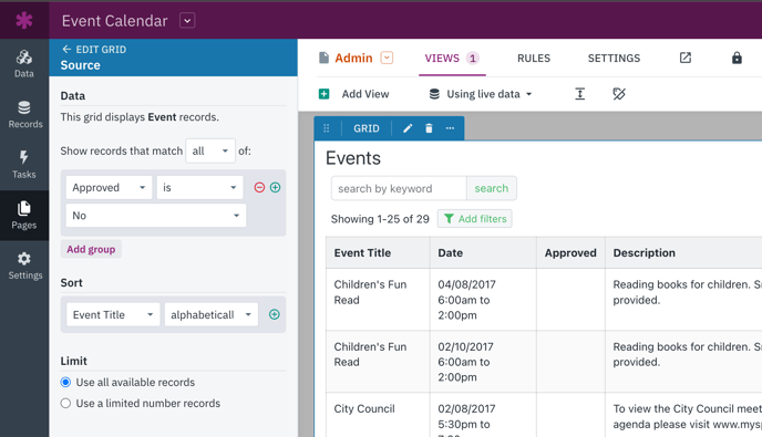 Image of the Source settings for the Event grid view