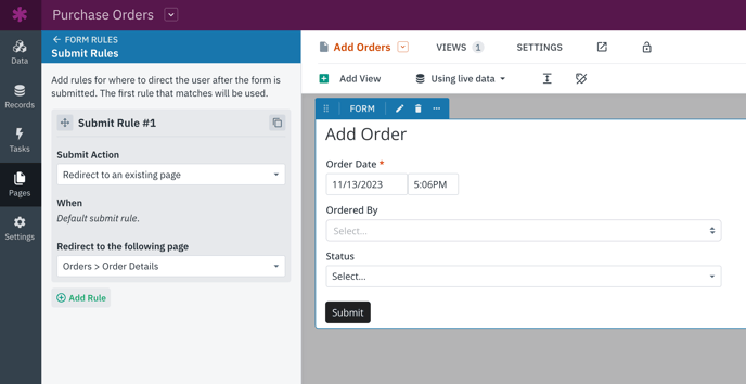 Image of adding Submit Rules to the Add Order Form view