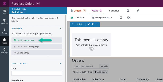 Image of adding a Menu view to the Orders page in the Knack Builder