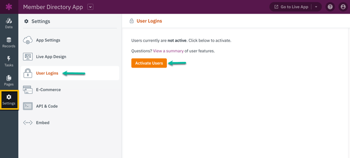Image of the Activate Users button in the app's settings