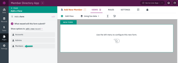 Image of adding a form view to the Add New Member page