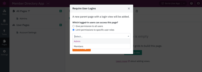 Image of setting permissions to a login page in the Knack Builder
