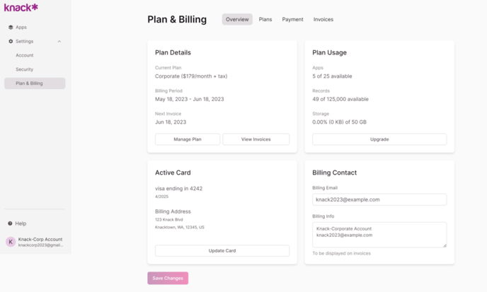 Image of the Plan & Billing page in the Knack Dashboard
