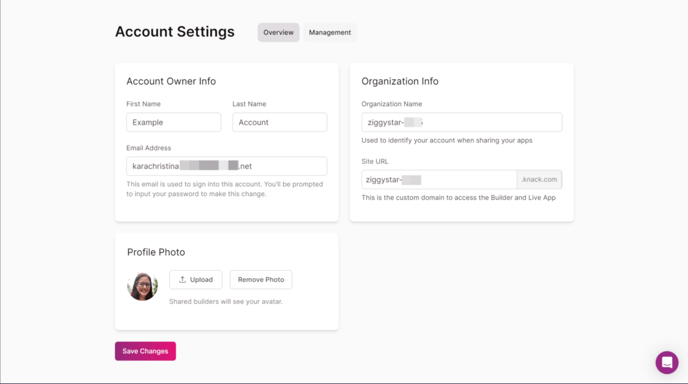 Image of the Account Settings form the Knack Dashboard