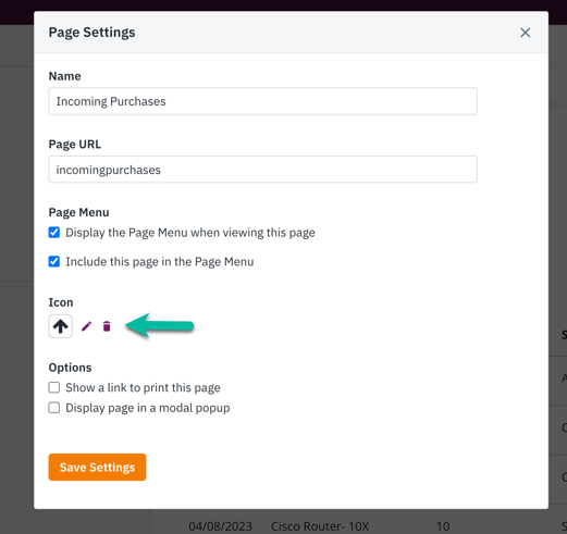 Image of icon settings in the Page Settings