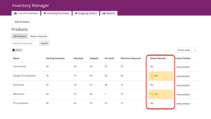 Image of the an example Inventory Manager app live app page