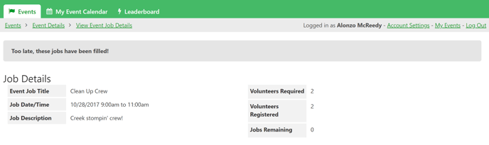 Image of an example live app page showing Job details