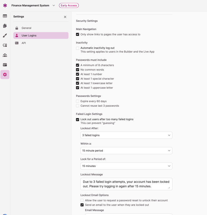 user login security settings