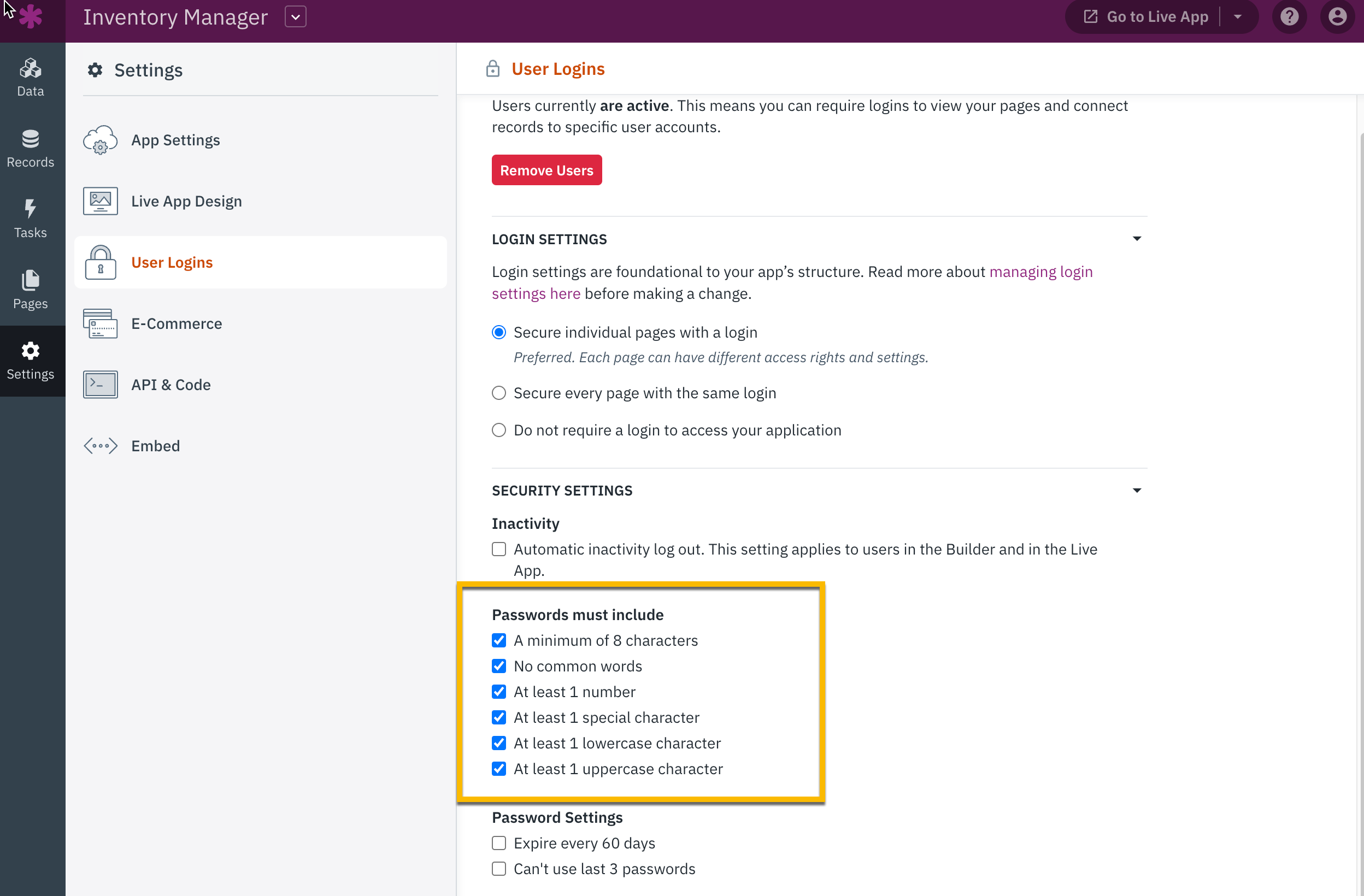 Minimum requirements when creating a password for your account